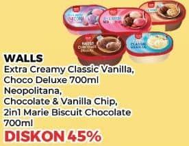 Promo Harga Walls Ice Cream Classic Vanilla, Chocolate Deluxe, Neopolitana, Chocolate Vanilla With Chocolate Chip, Marie Chocolate 700 ml - Yogya