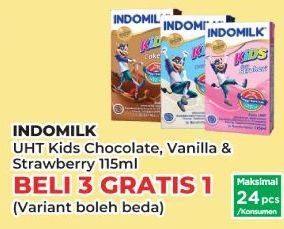 Promo Harga Indomilk Susu UHT Kids Cokelat, Stroberi, Vanila 115 ml - Yogya
