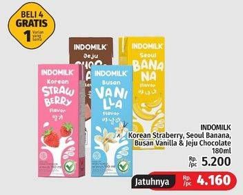 Promo Harga Indomilk Korean Series Seoul Banana, Korean Strawberry, Jeju Chocolate, Busan Vanilla 180 ml - LotteMart