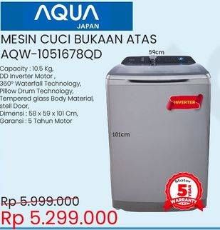 Promo Harga AQUA AQW-1051678QD | Washing Machine Top Loading 10.5kg 465 Watt  - Courts