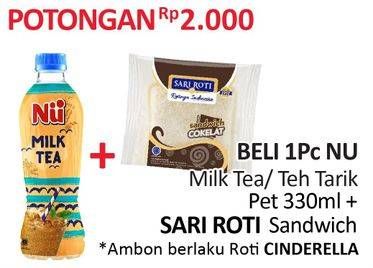 Promo Harga NU Milk Tea / Teh Tarik Pet 330ml + SARI ROTI Sandwich  - Alfamidi