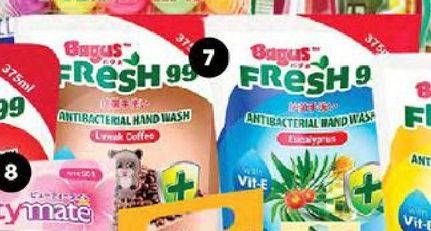 Promo Harga BAGUS Fresh 99 Antibacterial Hand Wash Eucalyptus, Strawberry, Luwak Coffee, Lemon 375 ml - Carrefour