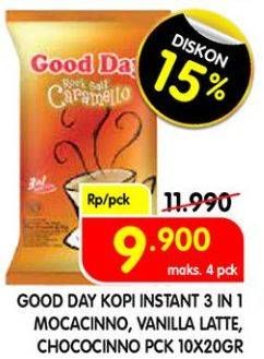 Promo Harga Good Day Instant Coffee 3 in 1 Mocacinno, Vanilla Late, Chococino per 10 sachet 20 gr - Superindo