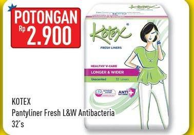 Promo Harga Kotex Fresh Liners Longer & Wider Unscented Anti Bacterial 32 pcs - Hypermart