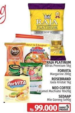 Raja Platinum Beras Premium 5kg, Forvita Margarine 200g, Rosebrand Gula Kristal 1 kg, Neo Coffee Caramel Machiato 10x20g, Sedaap Mie Goreng 5x90g