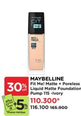 Promo Harga Maybelline Fit Me! Matte + Poreless Liquid Matte Foundation 115 Ivory 30 ml - Watsons