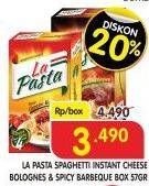 Promo Harga LA PASTA Spaghetti Instant Cheese Bolognese, Spicy Barbeque 57 gr - Superindo