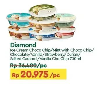 Promo Harga Diamond Ice Cream Chocolate With Chocolate Chip, Mint With Chocolate Chip, Vanilla With Chocolate Chip, Vanila, Stroberi, Durian, Salted Caramel, Cokelat 700 ml - TIP TOP