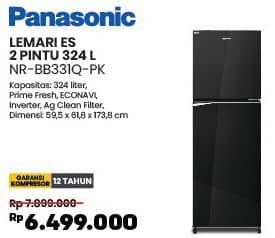 Panasonic Kulkas 2 Pintu NR-BB331Q-PK  Diskon 17%, Harga Promo Rp6.499.000, Harga Normal Rp7.899.000, Kapasitas: 324 liter 
- Prime Fresh
- ECONAVI
- Inverter
- Ag Clean Filter
- Dimensi: 59,5 x 61,8 x 173,8 cm

Garansi Kompresor 12 Tahun