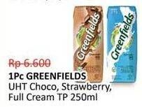 Promo Harga GREENFIELDS UHT Choco Malt, Strawberry, Full Cream 250 ml - Alfamidi