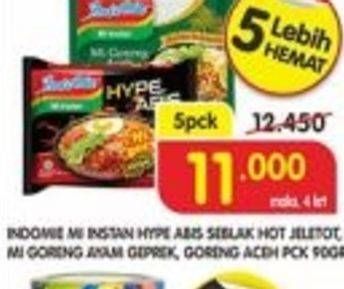 Promo Harga INDOMIE Mi Instan Hype Abis Seblak Hot Jeletot; MI Goreng Ayam Geprek; Goreng Aceh 90 g  - Superindo