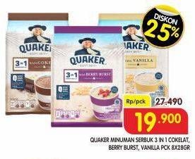 Promo Harga Quaker Oatmeal 3in1 Cokelat, 3 In 1 Berry Burst, 3in1 Vanilla per 8 pcs 28 gr - Superindo