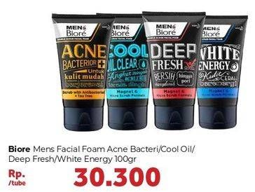 Promo Harga BIORE MENS Facial Foam Double Scrub Acne Bacterior, Double Scrub Cool Oil Clear, Double Scrub Deep Fresh, White Energy 100 gr - Carrefour
