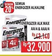 Promo Harga ENERGIZER Battery Alkaline Max AA/4, AAA/4  - Hypermart