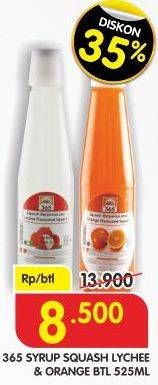 Promo Harga 365 Syrup Squash Lychee, Orange 525 ml - Superindo