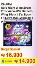 Promo Harga CHARM Safe Night 29cm / 42cm / Gathers Wing 35cm 12s / Body Fit Extra Maxi Wing 30s  - Indomaret