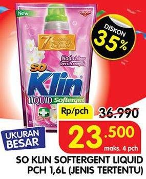 Promo Harga SO KLIN Liquid Detergent + Softergent Pink 1600 ml - Superindo