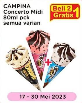 Promo Harga Campina Concerto Midi Cookie Creamy, Midi Strawberry Chunk, Midi Tiramisu 80 ml - Indomaret