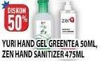 Promo Harga YURI Hand Gel Green Tea 50ml / ZEN Hand Sanitizer 475ml  - Hypermart