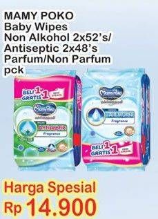 Promo Harga MAMY POKO Baby Wipes Non Alkohol, Anti Septic, Perfumed, Non Perfumed per 2 pouch 52 pcs - Indomaret