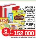 Promo Harga Frisian Flag Purefarm + Gold Rice Beras + Sedaap Mie Goreng + Sunco Minyak Goreng + Choice L Gula Pasir  - LotteMart