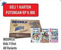 Promo Harga INDOMILK Susu UHT Kids Cokelat, Stroberi, Vanila per 40 pcs 115 ml - Hypermart