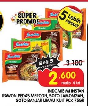 Promo Harga Indomie Mi Kuah Rawon Pedas Mercon, Soto Lamongan, Soto Banjar Limau Kuit 75 gr - Superindo