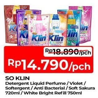 Promo Harga So Klin Liquid Detergent + Anti Bacterial Biru, + Anti Bacterial Red Perfume Collection, + Anti Bacterial Violet Blossom, + Softergent Pink, + Softergent Soft Sakura, White Bright 750 ml - TIP TOP