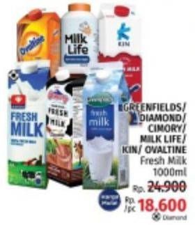 Promo Harga GREENFIELDS/DIAMOND/CIMORY/MILK LIFE/KIN/OVALTINE Fresh Milk 1000ml  - LotteMart