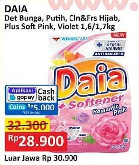 Promo Harga Daia Deterjen Bubuk Bunga, Putih, Clean Fresh Hijab, + Softener Pink, + Softener Violet 1700 gr - Alfamart