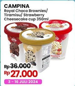 Promo Harga Campina Ice Cream Cake Series Royal Choco Brownies, Tiramisu, Strawberry Cheese Cake 350 ml - Indomaret