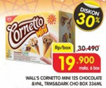 Promo Harga WALLS Cornetto Mini Chocolate Vanilla, Tiramisu Dark Chocolate per 12 pcs 28 ml - Superindo