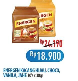 Promo Harga Energen Cereal Instant Kacang Hijau, Chocolate, Vanilla, Jahe per 10 sachet 30 gr - Hypermart