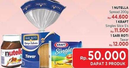 Promo Harga 1 NUTELLA Spread 200g + 1 KRAFT Singles Slice 5's + 1 SARI ROTI Tawar  - LotteMart
