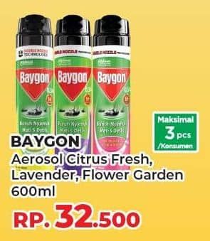 Promo Harga Baygon Insektisida Spray Citrus Fresh, Silky Lavender, Flower Garden 600 ml - Yogya