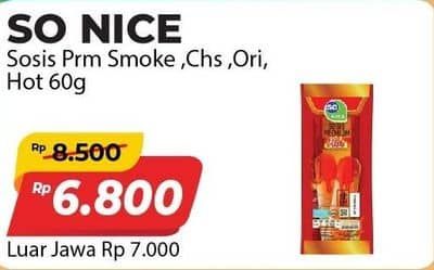 Promo Harga So Nice Sosis Siap Makan Premium Smoked Bratwurst, Keju, Original, Hot 60 gr - Alfamart