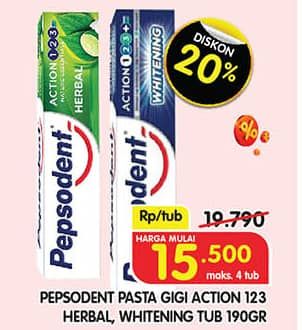 Promo Harga Pepsodent Pasta Gigi Action 123 Herbal, Whitening 190 gr - Superindo