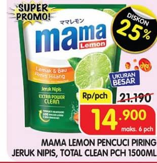Promo Harga Mama Lemon Cairan Pencuci Piring Jeruk Nipis, Total Clean 1500 ml - Superindo