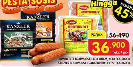 Promo Harga KIMBO Bratwurst Lada Hitam / Keju 500gr / KANZLER Bockwurst / Frankfurter Cheese 360gr  - Superindo