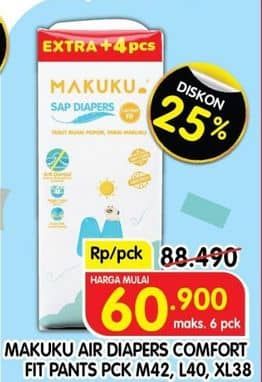 Promo Harga Makuku Comfort Fit Diapers Pants M42+4, L40+4, XL38+4 42 pcs - Superindo