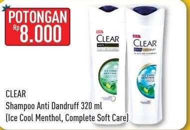 Promo Harga CLEAR Shampoo Anti Dandruff, Ice Cool Menthol, Complete Soft Care 320 ml - Hypermart