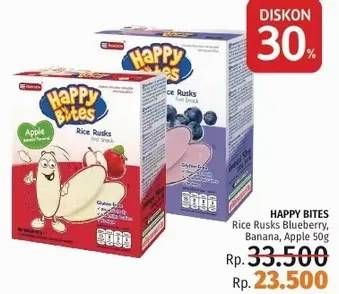Promo Harga HAPPY BITES Rice Rusks Apple, Banana, Blueberry 50 gr - LotteMart