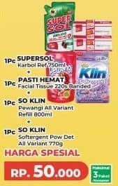 Supersol Karbol + Pasti Hemat Facial Tissue (Bdd) + So Klin Pewangi + So Klin Softergent