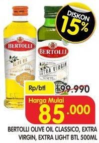 Promo Harga BERTOLLI Olive Oil Extra Virgin, Classico, Extra Light 500 ml - Superindo