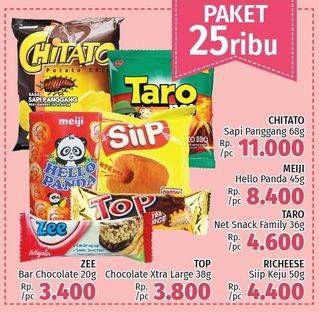 Promo Harga Paket 25rb (Chitato + Meiji Hello Panda+ Taro + Richeese Siip + Top Chocolate + Zee Cereal Bar)  - LotteMart