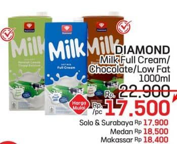 Promo Harga Diamond Milk UHT Full Cream, Chocolate, Low Fat High Calcium 1000 ml - LotteMart