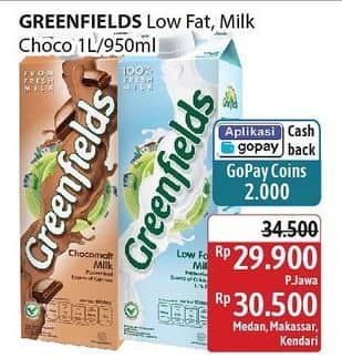 Promo Harga Greenfields UHT Low Fat, Choco Malt 1000 ml - Alfamidi