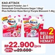 Promo Harga Attack Jaz1 Detergent Powder Semerbak Cinta, Pesona Segar, +Softener Rose Berry, +Softener Purple Blossom 1400 gr - Indomaret