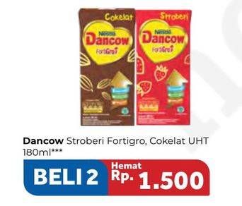 Promo Harga DANCOW Fortigro UHT Stroberi, Cokelat per 2 pcs 180 ml - Carrefour