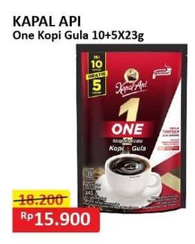 Kapal Api Kopi One + Gula Terpisah per 15 sachet 23 gr Diskon 12%, Harga Promo Rp15.900, Harga Normal Rp18.200